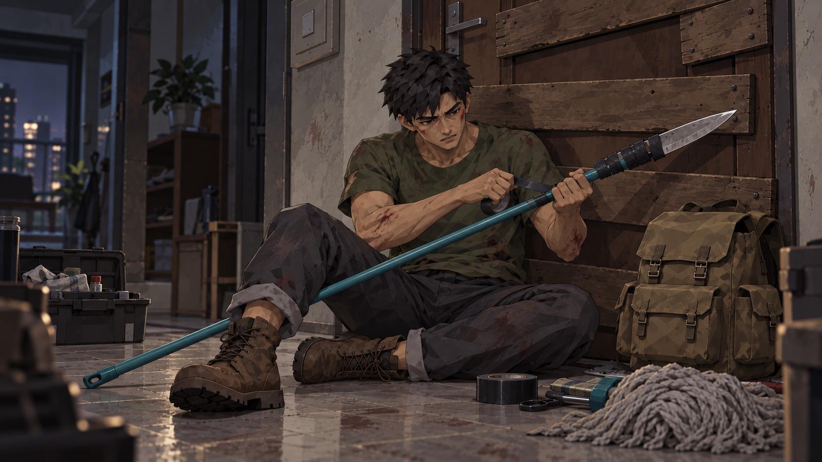 The survivor sitting against a barricaded door, taping a kitchen knife to a mop stick, his backpack beside him