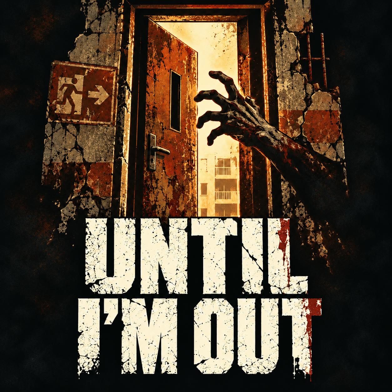 Until I'm Out: a zombie's hand reaching through a condo door marked with a fire-exit sign